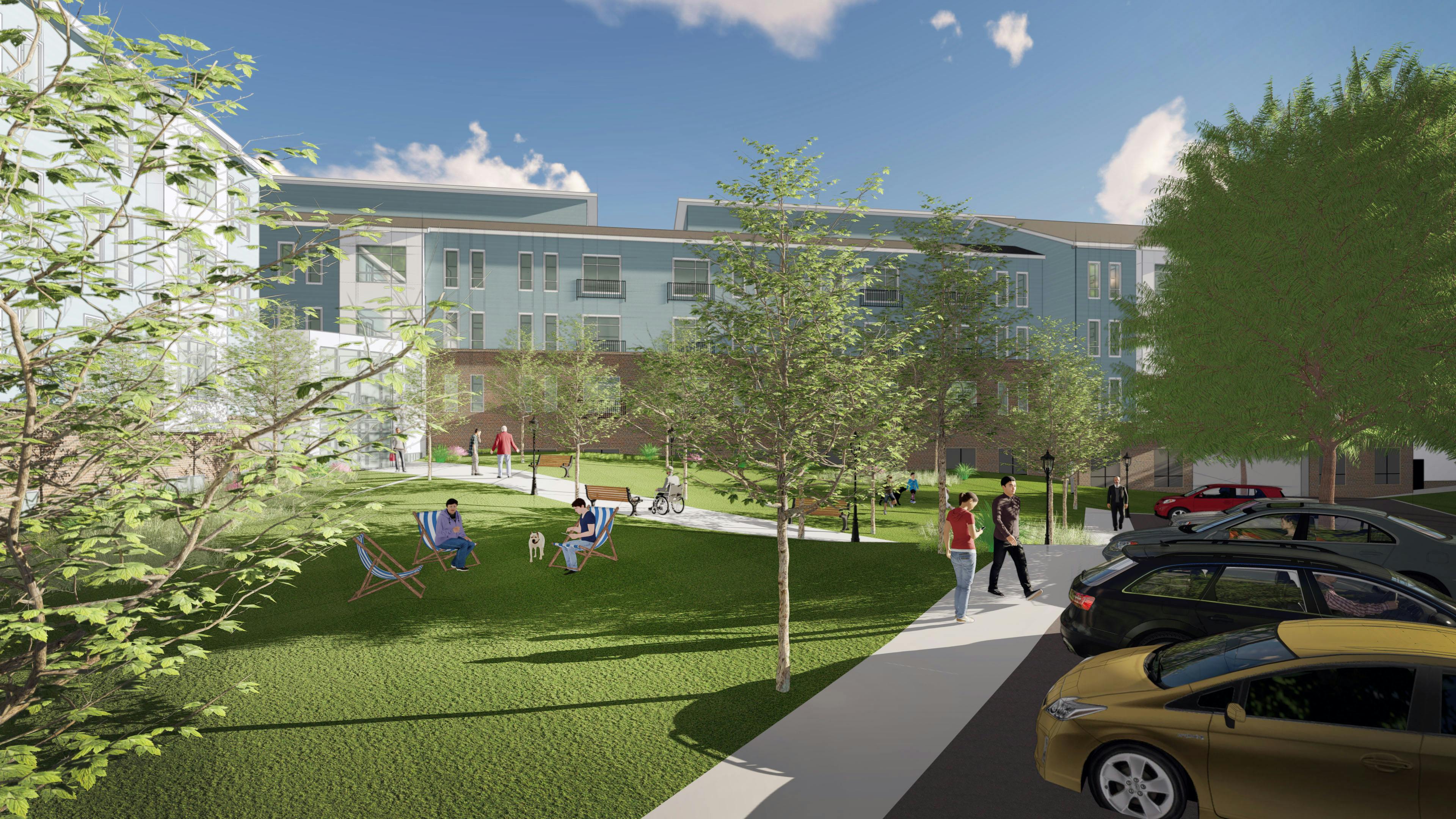 Patuxent Commons render with people relaxing in a park area near building