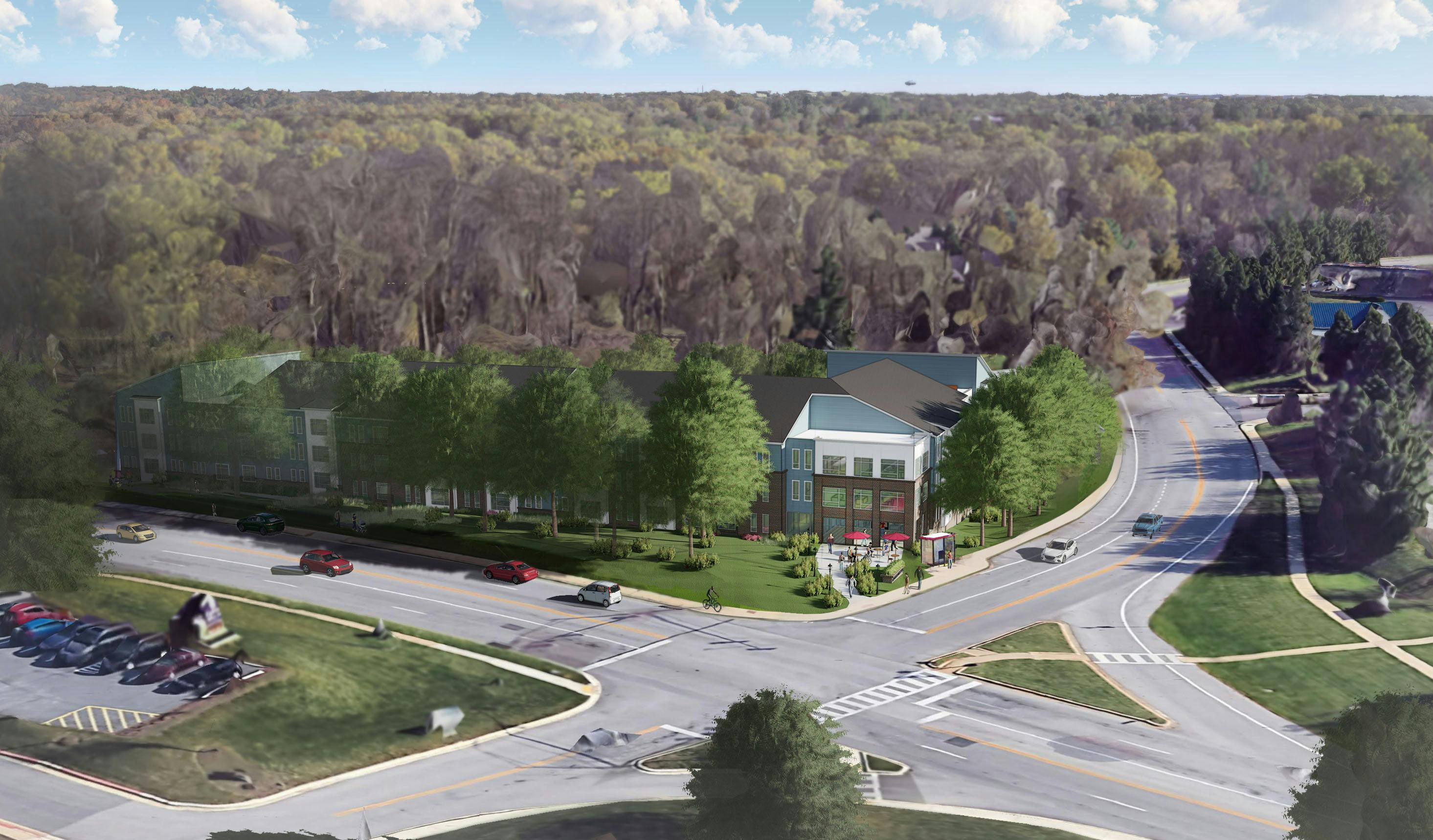 Patuxent Commons render of building and traffic intersection